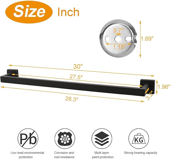TocTen Bath Towel Rack - Square Base Thicken SUS304 Stainless Steel Towel Bar for Bathroom, Bathroom Accessories Towel Rod Heavy Duty Wall Mounted Towel Holder. (Black, 30)