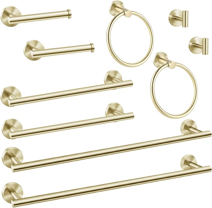 10 Piece Brushed Gold Bathroom Hardware Set, Towel bar Set Include 24 inch Silver Towel bar, Bathroom Towel Rack, Towel Ring, Toilet Paper Holder, Towel Hook, Bathroom Accessories Set
