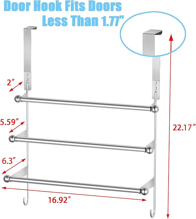 Over The Door Towel Rack,304 Stainless Steel Towel Rack with 2 Hooks, 3 Tier Towel Bar for Hanging Towels, Over Door Towel Storage Holder for Bathroom