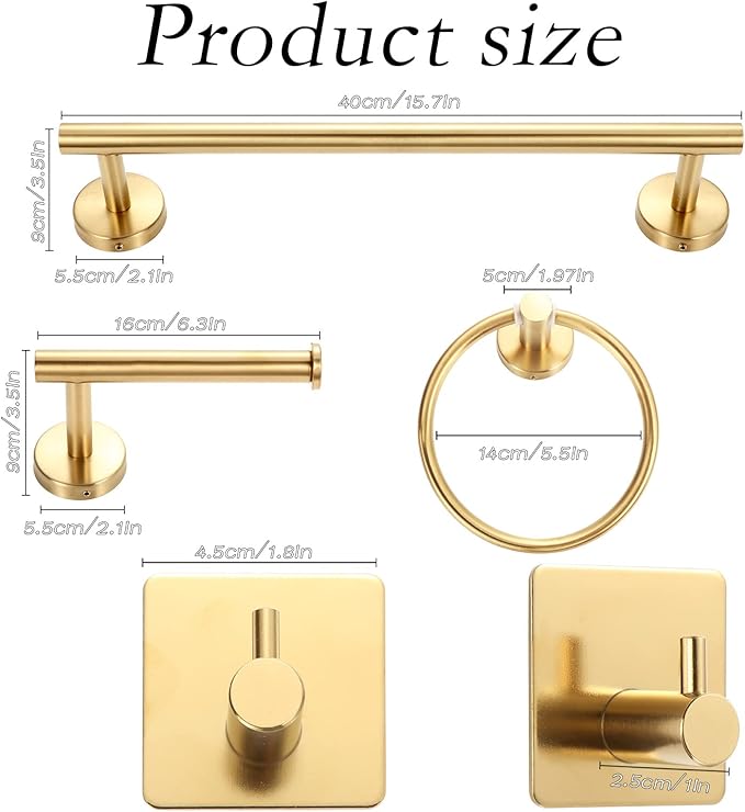 10 Pcs Matte Bathroom Hardware Set SUS304 Bathroom Hanger Set 16 Inch Hand Towel Bar Towel Holder Toilet Paper Holder Angled Hook 2 Robe Towel Hooks Wall Mounted Accessory(Gold)
