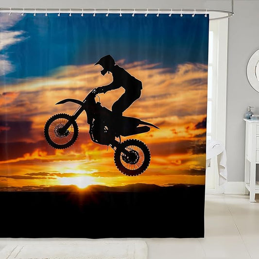 Feelyou Motocross Rider Shower Curtain for Girls Boys Dirt Bike Motorbike Bath Curtain Decorative Extreme Sports Theme Bathroom Shower Curtain Set Chic Sunset Waterproof Curtain 72"x84"