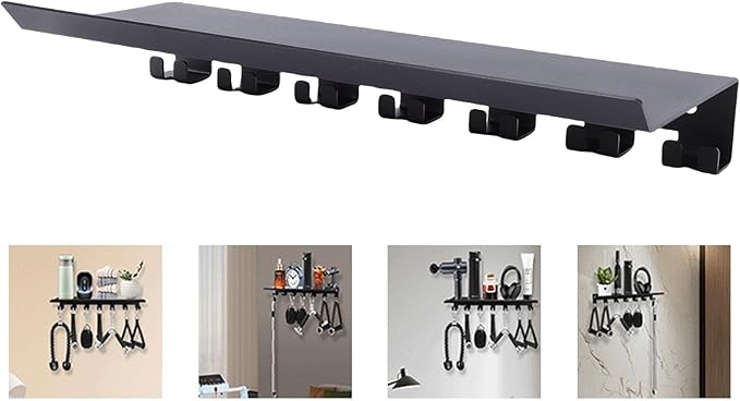 Pssopp Carbon Steel Floating Shelf Organizer, Wall Mounted 7 Hooks Design Equipment Storage Rack for Kitchen Bathroom Bedroom Office