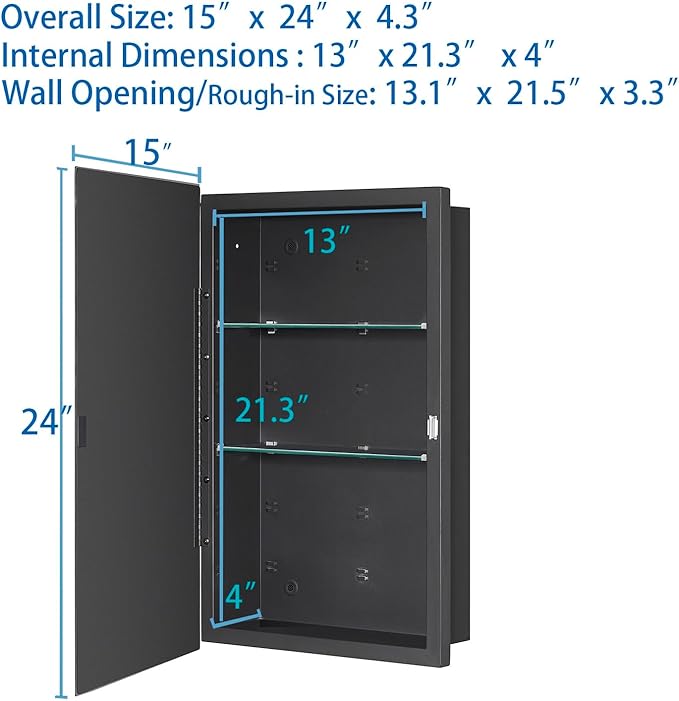 IDYLLOR Black Bathroom Medicine Cabinet with Beveled Edge Mirrored Door 15 x 24 inch, Recessed or Surface Mount, with Adjustable Glass Shelves