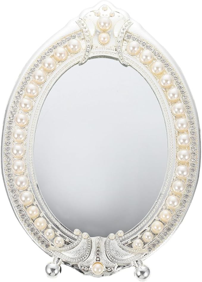 Hemoton Vintage Makeup Mirror with Retro Pearl Frame Desktop Vanity Mirror for Dressing Table High Definition Cosmetic with Stable Stand Elegant Room Decor