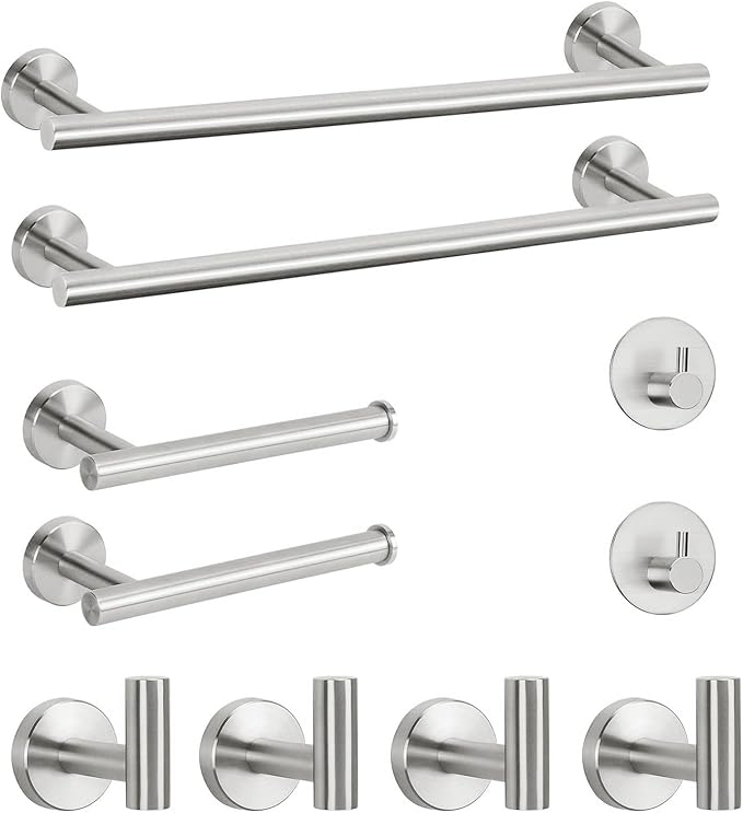 NearMoon Bathroom Hardware Set SUS 304 Thicken Stainless Steel-Towel Bar Set Include 16" Towel Rod, Toilet Paper Holder, Multifunctional Hooks Bathroom Accessories (Brushed Nickel, 10 Pcs)