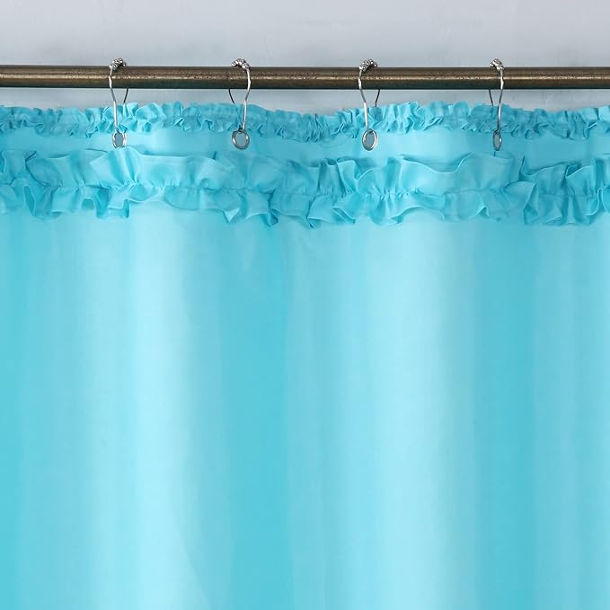 Ruffled Blue Modern Polyester Fabric Shower Curtain,Solid Boho Waterproof Decoratived Farmhouse Shower Curtains for Bathroom,72" W x Extra High 78" L