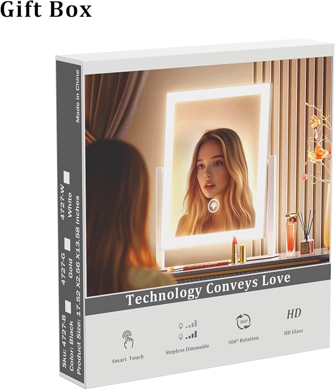 Gvnkvn Lighted Makeup Mirror, Hollywood Vanity Mirror with Lights, Three Color Modes，Detachable 10X Magnification Mirror, Smart Touch Control, 360°Rotation (15.2in)