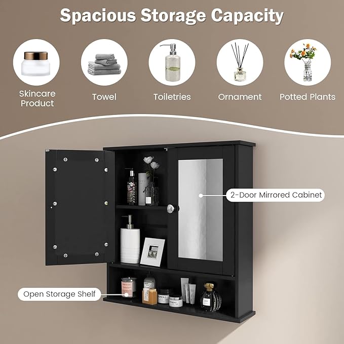 COSTWAY Bathroom Cabinet Wall Mount, Wooden Medicine Cabinet with 2 Mirror Doors, Adjustable Shelf, Open Compartment, for Laundry, Living Room, Kitchen, Black
