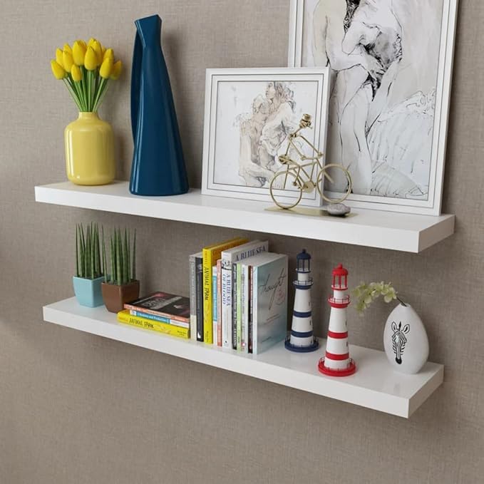 Floating Wall Shelves Set of 2, 39.4 Inch Modern Matte White MDF Storage Display Ledges for Living Room Bedroom Office, Long Wall Mount Shelving Unit