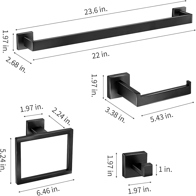 Bathroom Hardware Accessories Set 10 Pieces Matte Black Towel Bar Set 24 Inch, Towel Rack Rings Stainless Steel Bath Coat Hooks Wall Mounted Toilet Paper Holder
