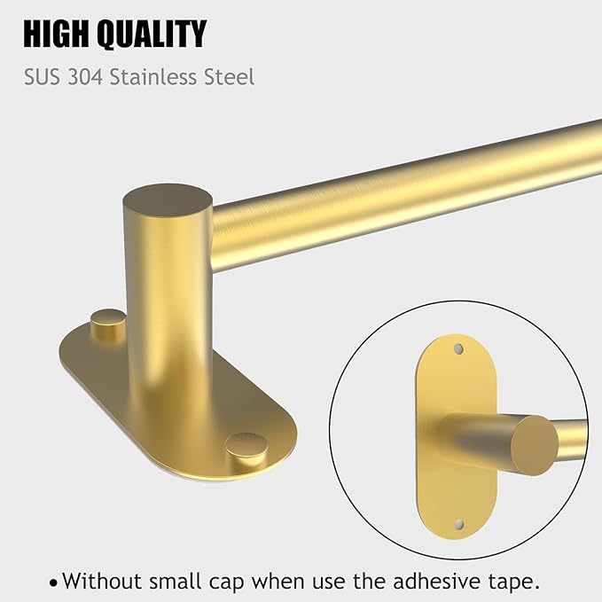 Towel Bar, Adjustable 14.4inch - 25.2inch Towel Rack, Self Adhesive & Wall Mounted for Bathroom Kitchen Hand Towel Holder Cloths Hanger SUS 304 Stainless Steel Organizer Single Bar (2, Gold)