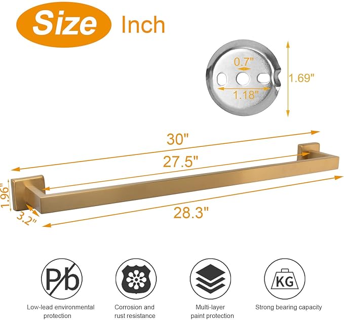 TocTen Bath Towel Rack - Square Base Thicken SUS304 Stainless Steel Towel Bar for Bathroom, Bathroom Accessories Towel Rod Heavy Duty Wall Mounted Towel Holder. (Brushed Gold, 30)