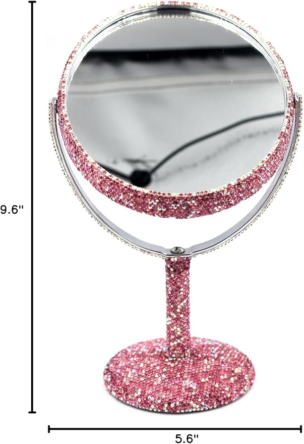 Bling Bling 6-Inch Double-Sided Tabletop Makeup Mirror, Oval Metal Makeup Mirror with 1:2 Magnifying Mirror, Rotating Mirror for Vanity (Pink)