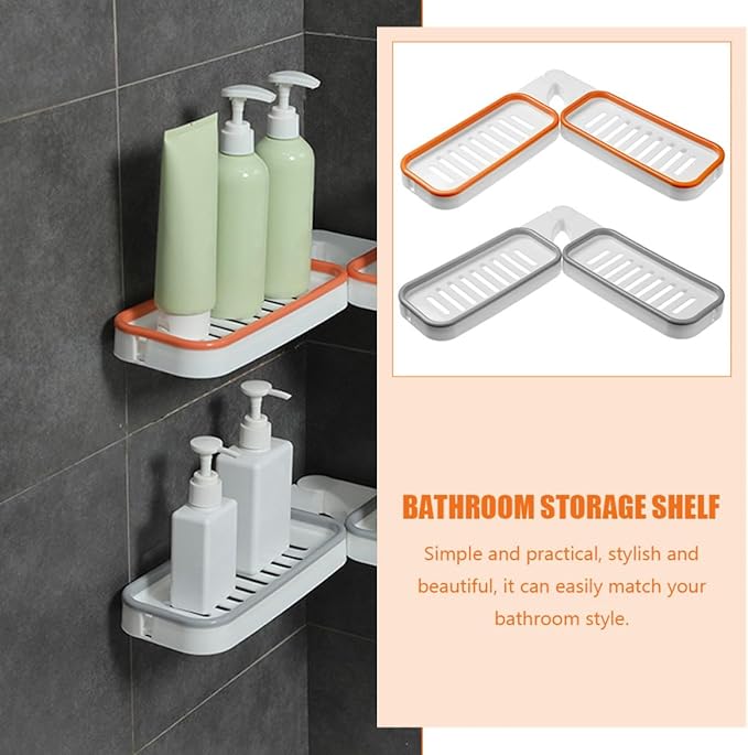 Wall-Mounted Foldable Corner Storage Rack 2pcs Punch-Free Bathroom Shelf Organizer with Drainage for Home, White Orange and White Gray
