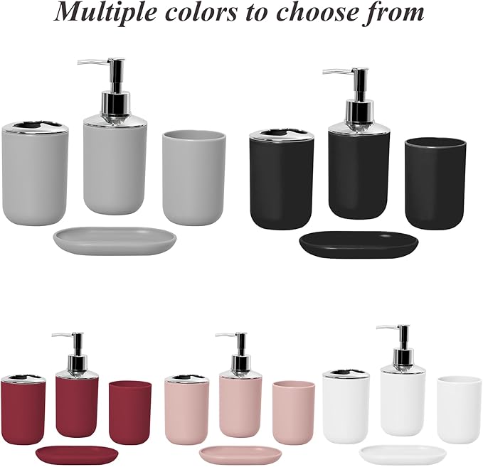 Matte Black Bathroom Accessories Set, 4 Piece Plastic Bathroom Toothbrush Holder Set, Include Soap Dispenser, Toothbrush Holder, Rinse Cup, Soap Dish, Boho Black Bathroom Decor for Home, Bathroom Set