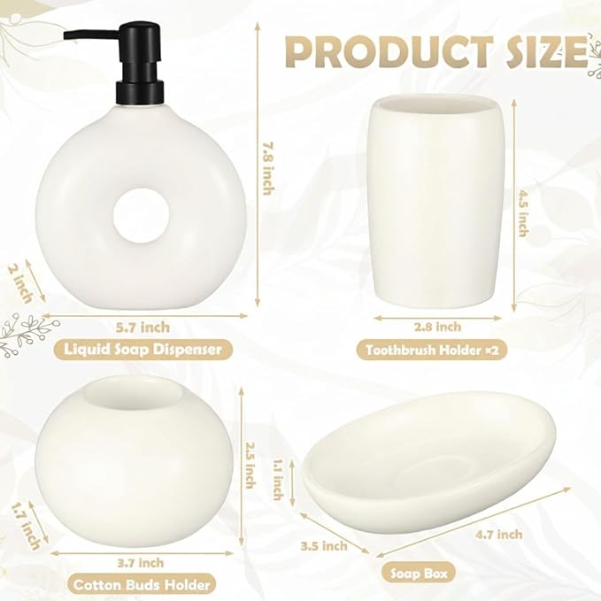 FoldTier 5 Pcs Ceramic Bathroom Accessories Set Includes Soap Dispenser Toothbrush Cup Holder Soapbox Holder Stylish Modern Bathroom Matte Glaze Decor(White)
