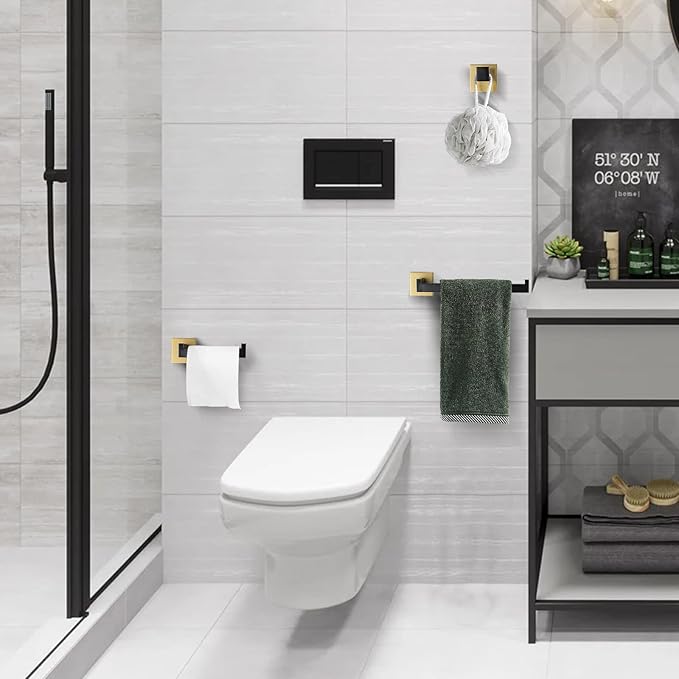 TURS 3-Piece Bathroom Hardware Set Black and Gold Hand Towel Holder Toilet Paper Holder Towel Hook Stainless Steel Towel Bar Set Wall Mounted