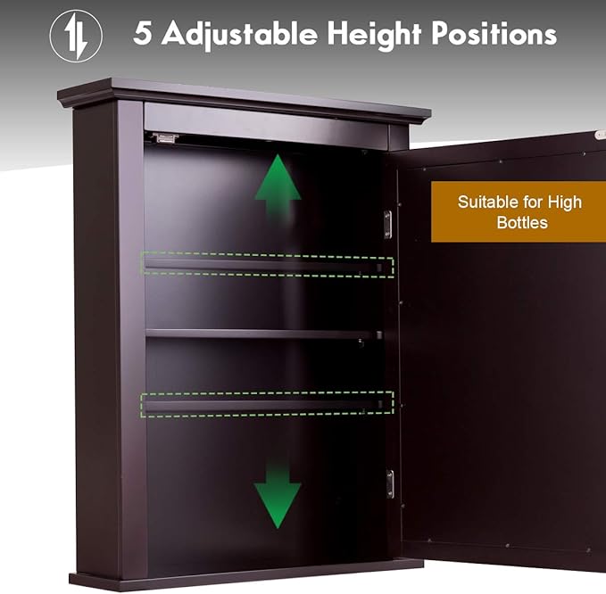Tangkula Bathroom Cabinet with Mirror, Mirrored Wall-Mounted Storage Medicine Cabinet w/Single Door & Adjustable Shelf in 5 Positions, Multipurpose Wall Cabinet for Bathroom (Brown)