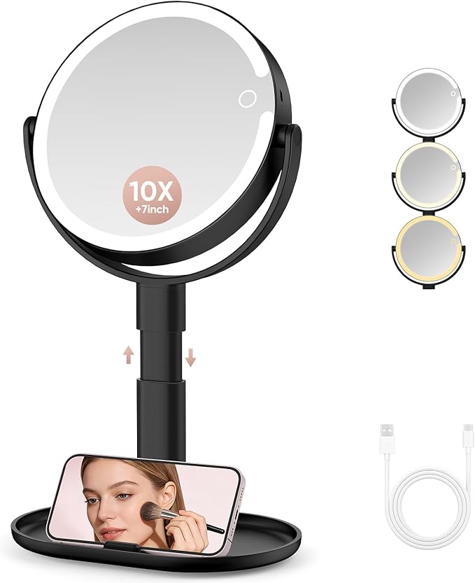 Lighted Makeup Mirror with 10X Magnification, Rechargeable LED Magnifying Vanity Mirror with 3 Lights, Adjustable Height, Storage Base and Phone Holder, Black, 7 inch