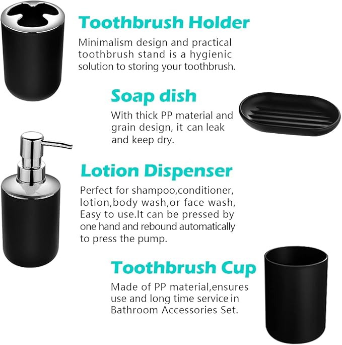 Papillon 6-Piece Bathroom Accessories Set, Toothbrush Holder with Cup, Soap Dispenser & Dish, Toilet Brush, Trash Can, Tumbler Set (Black)