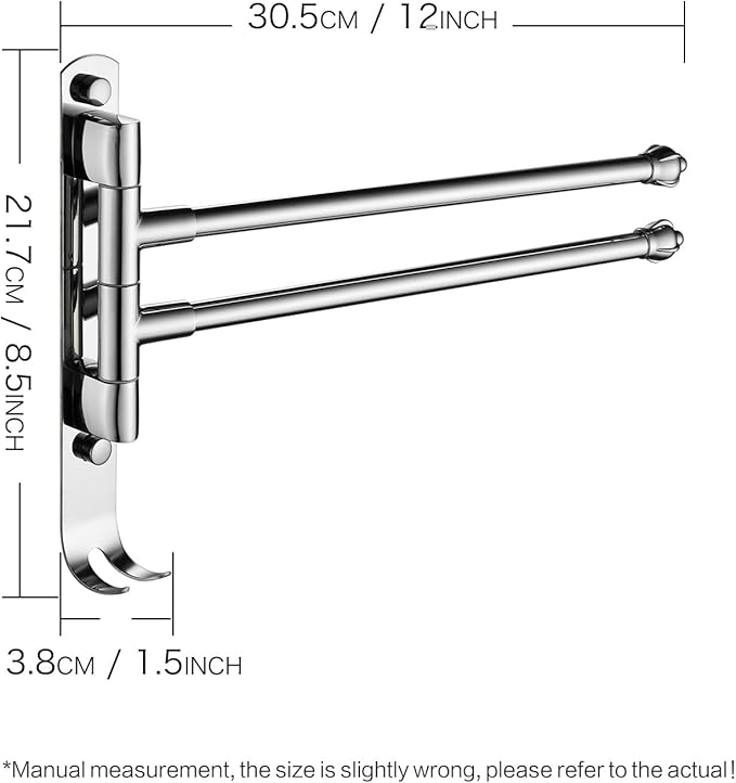 Chrome Rotating Towel Rack Bathroom Stainless Steel Adjustable Towel Rack 12 * 1.5 * 8.5inchs Suitable for Bathroom, Bedroom, Balcony Removable Towel bar (electroplated, Two Poles)