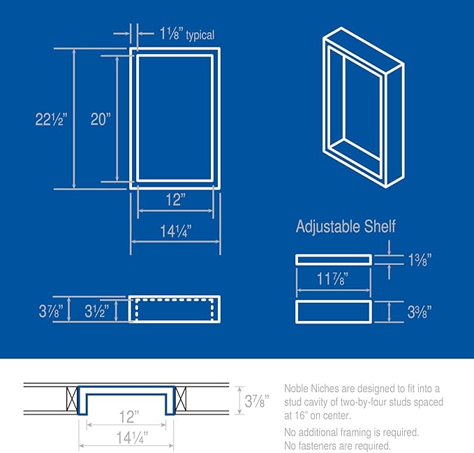 Noble 314 Preformed 12" x 20" ID Shower Niche, Tub, Caddy, Modern Bathroom Storage Solution, Adjustable Shelf, Water-Resistant, Easy Install Ideal for Toiletries Shampoo Shower Accessories