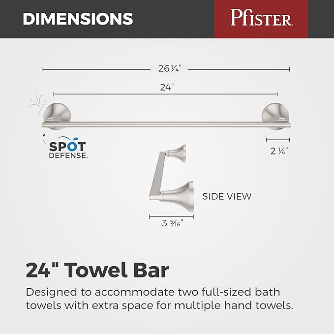 Pfister Vedra Bath Towel Bar for Bathroom, 24-Inch, Wall-Mounted, Screw-in, Spot Defense Brushed Nickel Finish, BTBVED2GS