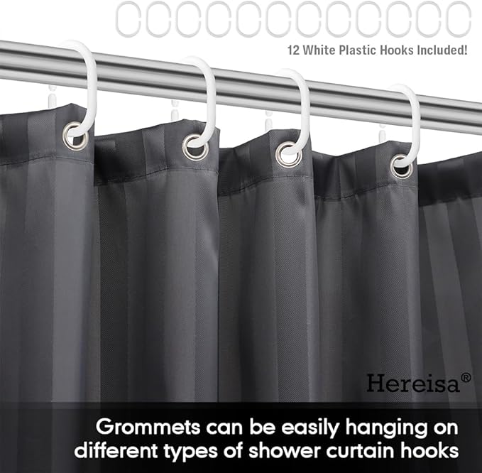 Strip Grey Fabric Shower Curtain with Magnets - 85 GSM Heavy Duty Waterproof Bath Curtain, 12 Reinforced Metal Grommets (72x72 Inches)