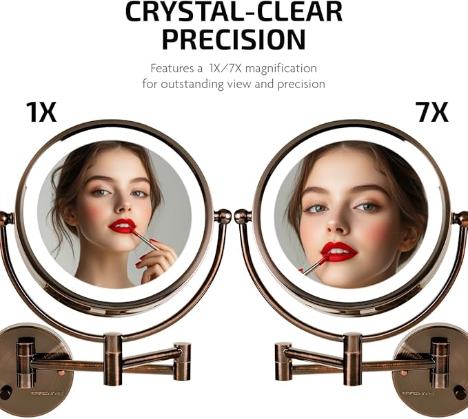 OVENTE Wall Mounted Lighted Makeup Vanity Mirror, 9" Hard Wired Double Sided 1X/7X Magnifying Bathroom Mirror, Dimmable LED Lights, 360° Rotation and 14" Extendable Arm, Antique Brass MPWD3185AB1X7X