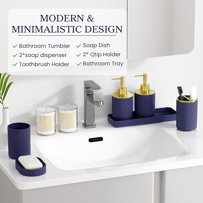 Navy Blue Bathroom Accessories Set, 10PC Bathroom Set, Bath Accessory with Pop Up Trash Can, Soap Dispenser, Toilet Brush, Toothbrush Set Qtip Holders & Tray