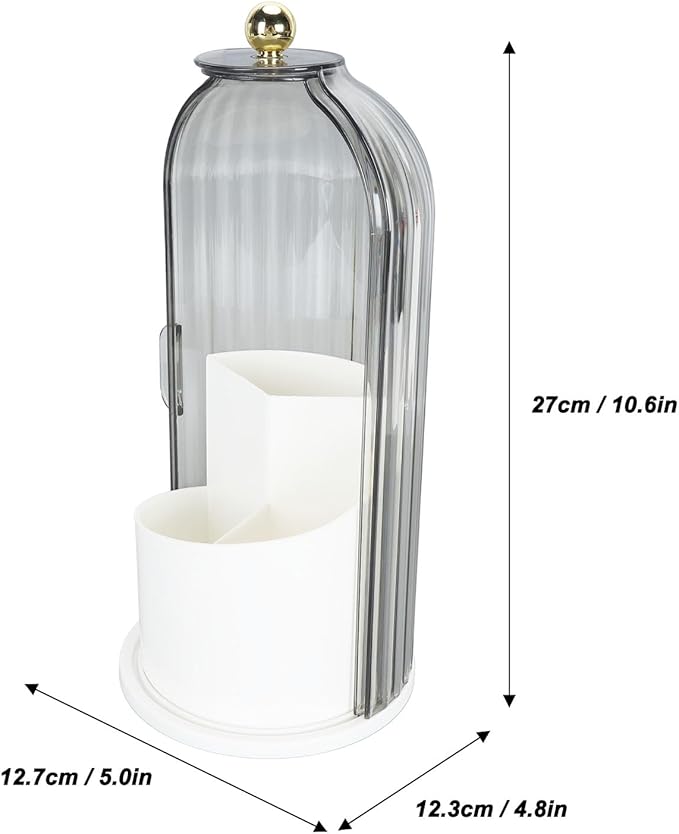Makeup Brush Holder with Lid Clear Dustproof 360 Degree Rotating Makeup Brush Holder Organizer for Vanity Desktop Bathroom Countertop Nail Brush Rack Portable(White Base with Clear Black Lid)