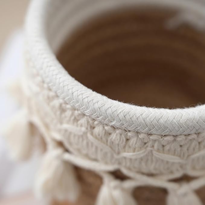 MSUIINT Macrame Makeup Brush Holder Organizer, Brushes Mini Storage Basket, Hand Woven Cotton Rope Basket, Boho Decor Baskets for Comb Cosmetics Pen Pencil Container (B)