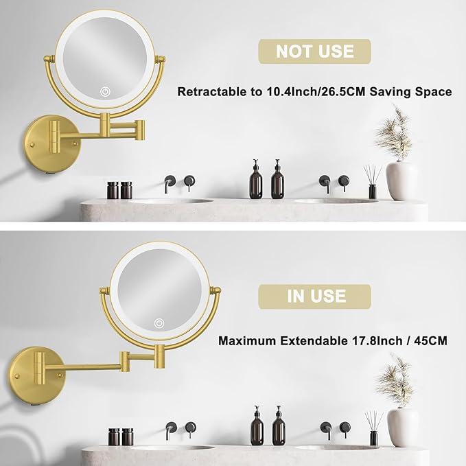 Make up Mirror Wall Mounted with Lights and 10X Magnification Rechargeable, 8" Double Sided, 3-Colors Touch Dimmable Extended Arm 360 Rotation Foldable Cosmetic Mirror, Brushed Gold