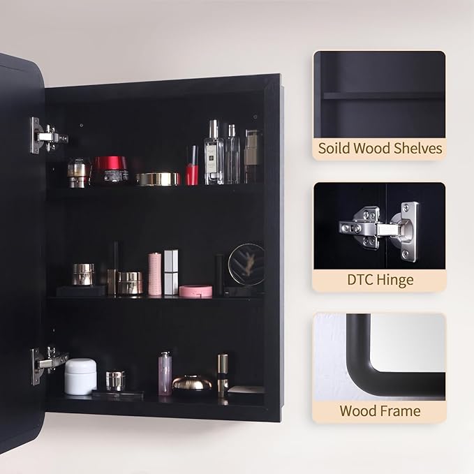 Bathroom Medicine Cabinet with Black Wood Framed Mirror, Recessed or Wall Mount Bathroom Vanity with Storage Shelves 17.5x26 inch