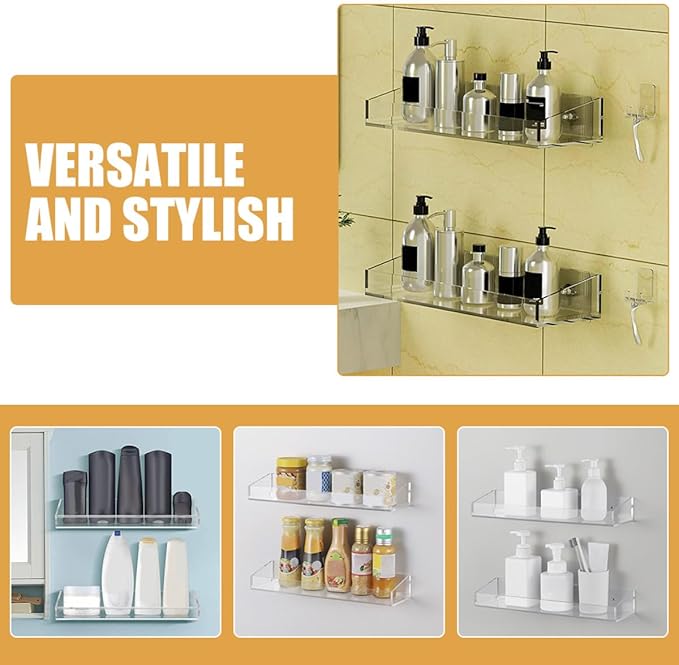 Acrylic Wall-Mounted Storage Rack 2pcs Floating Shelves for Bathroom Kitchen Toilet, Wall Shelf Holder for Skincare and Spice Organization