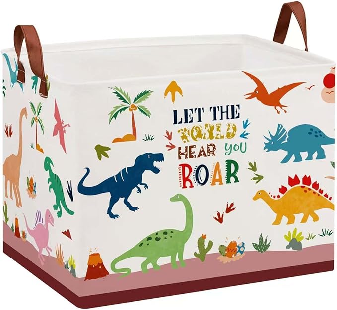 Dinosaur Room Decor Basket for Boys, 36L Volcano Baby Laundry Basket Leaf Cactus Kid Storage Bin Rectangular Collapsible Clothes Book Toy Bin for Boy,Pink Easter Gift