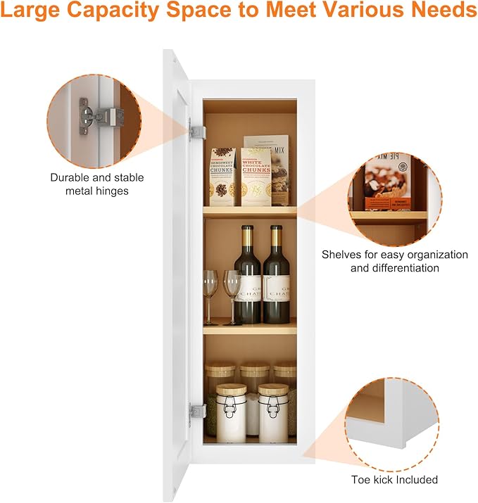 ROOMTEC Wood Wall Cabinet,RTA Single Door Medicine Cabinet with Adjustable Shelves and Soft-Close Door for Kitchen, Bathroom, and Laundry. 12" D*12" W*30" H, Traditional White