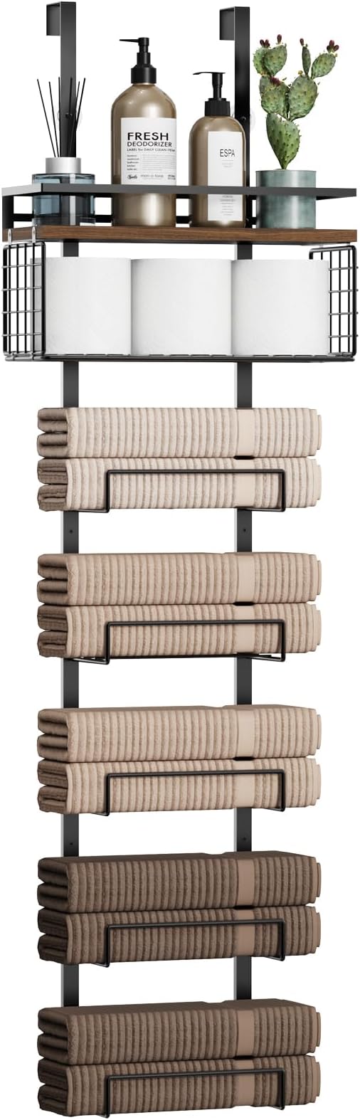 Aetyord Towel Racks for Bathroom Over The Door Towel Racks Towel Storage Organizer with Metal Shelf Basket for Bathroom Rv Camper (7-Tier Black with Brown Plank)
