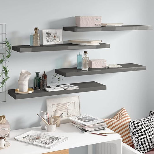 Floating Wall Shelves 4 Pack High Gloss Gray Modern Display Rack 35.4x9.3 Inches MDF Honeycomb Structure for Living Room Bedroom Office Decor