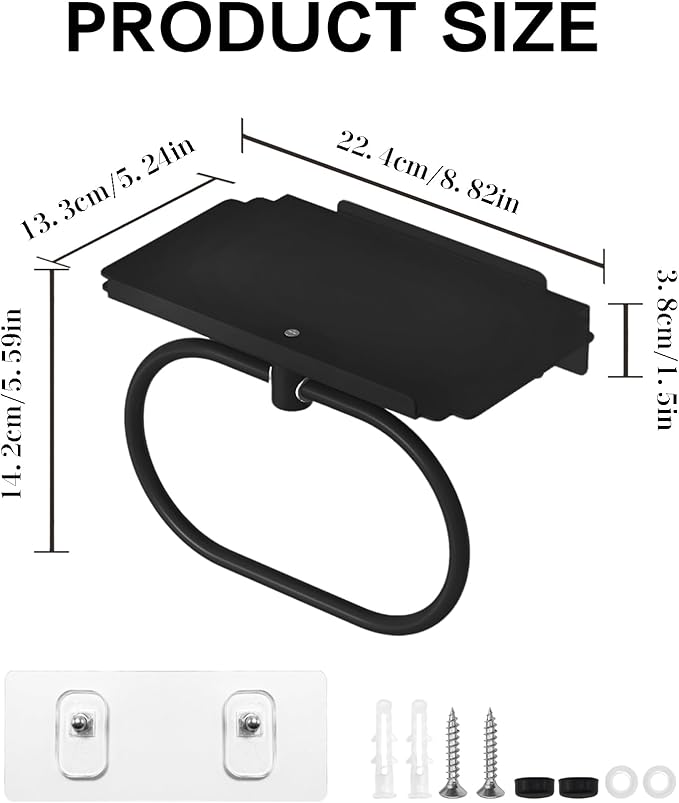 Towel Holder with Shelf, Carbon Steel Heavy Duty Wall Mounted Towel Rack Maijdoany for Bathroom Kitchen, Matte Black Hidden Hand Towel Hanger Ring with Storage Shelf