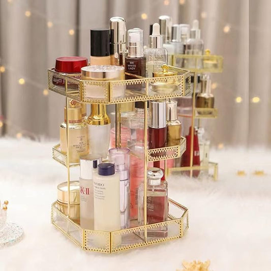 Yamfurvo 360 Degree Rotation Makeup Organizer Antique Countertop Cosmetic Storage Case, Glass Beauty Display, Gold Spin Large Capacity Holder for Brushes Lipsticks Skincare Toner