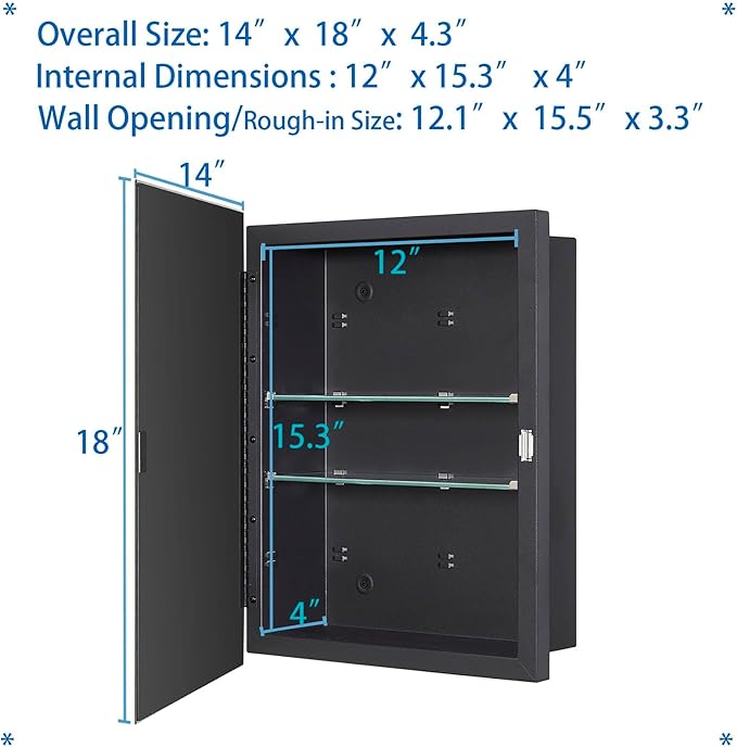 IDYLLOR Black Bathroom Medicine Cabinet with Beveled Edge Mirrored Door 14 x 18 inch, Recessed or Surface Mount, with Adjustable Glass Shelves