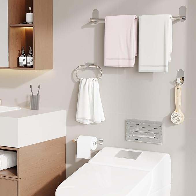 Adhesive Towel Holder for Bathroom Polished Chrome No Drill Hand Towel Ring Stainless Steel and Zinc Alloy Self Adhesive Towel Hanger for Bath, Kitchen