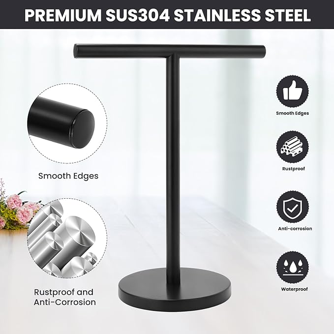 T-Shape Bath Hand Towel Holder Stand, Stainless Steel Free Standing Hand Towel Rack, for Bathroom Kitchen & Countertop, Matte Black, 2 Pack