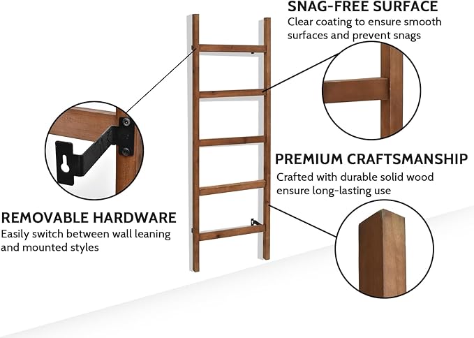 FUIN Wall Mounted 57in Wooden Blanket Ladder Living Room Decorative Farmhouse Quilt Display Holder Rustic Wood Towel Rack for Bathroom, Brown