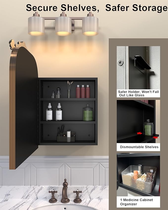 16x24 Inch Recessed or Surface Mount Medicine Cabinet Mirror with Vintage Bronze Carving & Hand-Painted Aluminum Frame, All-Metal Construction, 2 Shelves, Arched Mirror for Bathroom, Entryway, Hallway