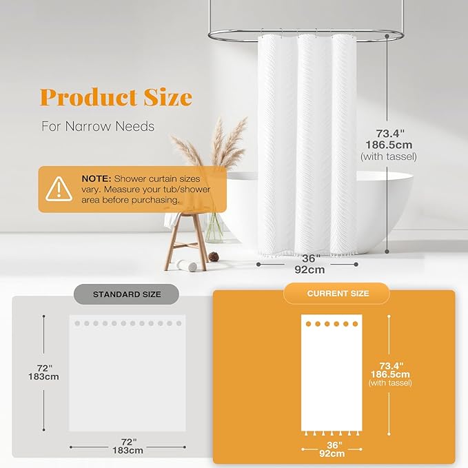 BTTN Stall Boho Shower Curtain - 36x72 Narrow Tufted Leaves Textured Striped Tassel Shower Curtain Set with 6 Hook, Water Repellent, Modern Farmhouse Vintage Fabric Shower Curtains for bathroom, White