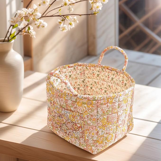 Quilted Fabric Storage Basket Boho Floral Laundry Hamper with Handle Foldable Floral Basket Organizer for Car Bedroom