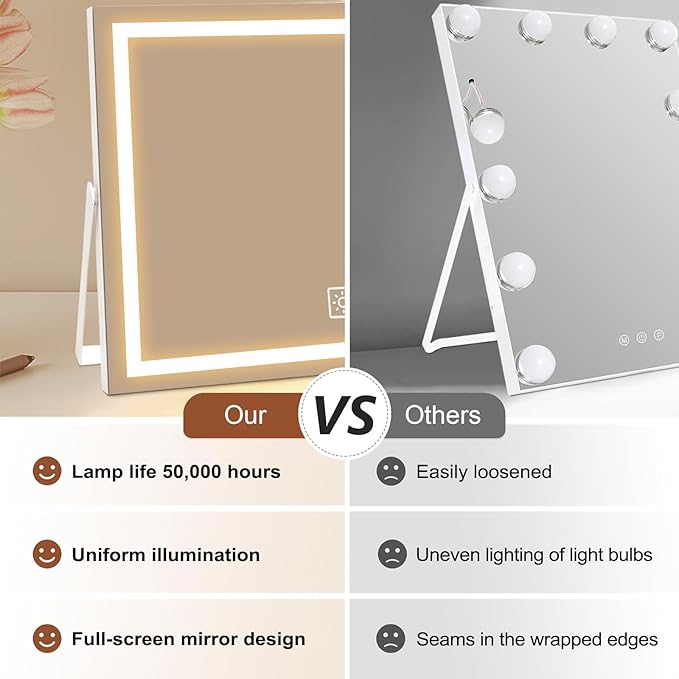 14 Inch LED Vanity Makeup Mirror with Lights, Large Metal Frame Lighted Tabletop Mirror with 3 Color Dimmable Touch Control, 360° Rotation for Bedroom Dressing Table