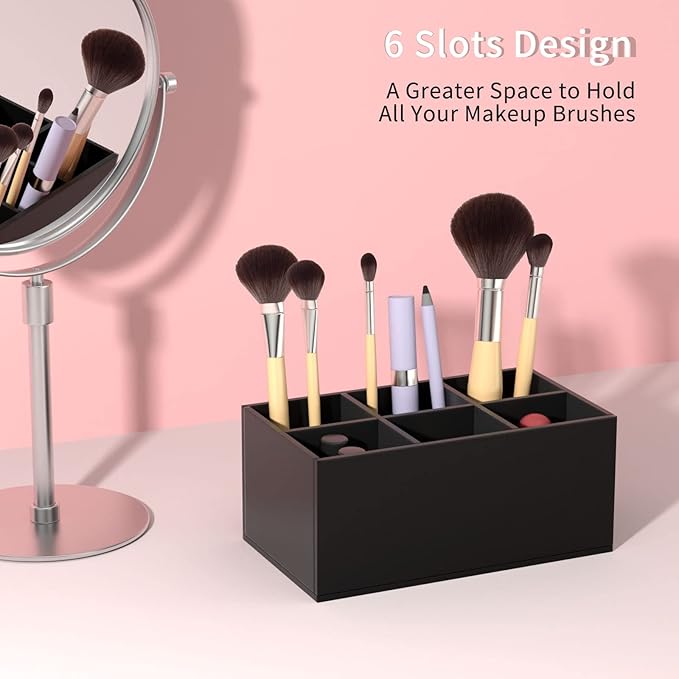 HIIMIEI Black Makeup Brush Holder Organizer Acrylic 6-Slots Cosmetic Brushes Storage Organizer for Vanity Countertop